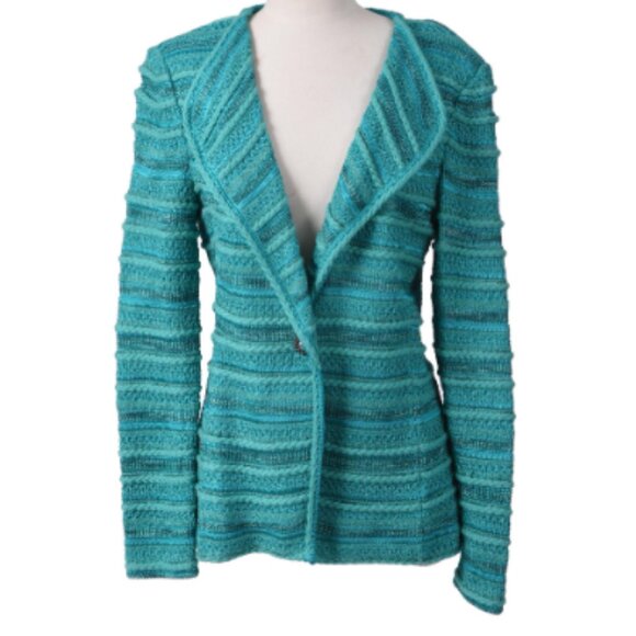 ST. JOHN COUTURE MULTI-THREAD TEAL/GREEN/TURQUOISE KNIT ONE BUTTON JACKET SZ 12 - Picture 1 of 10